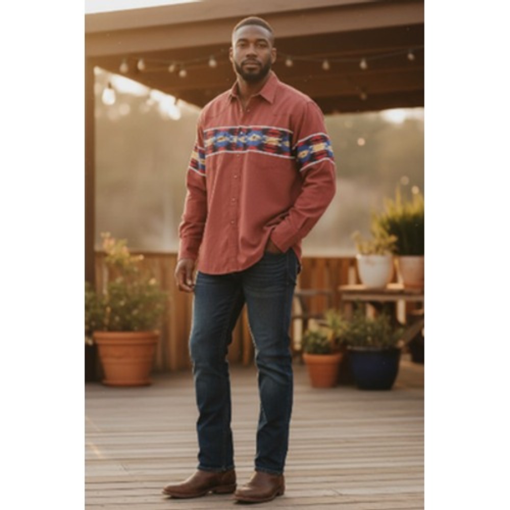 Wrangler Pearl Snap Shirt Mens Large Red Aztec Stripe Westerncore Rodeo MC1071M
